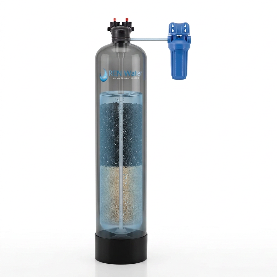 A tall black cylindrical water filter tank with the REN Water logo on the front, shown next to a small blue filter component on a plain white background.